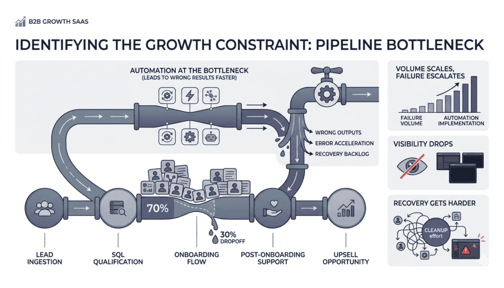 A process pipeline diagram with one narrowed node forming a bottleneck where work backs up