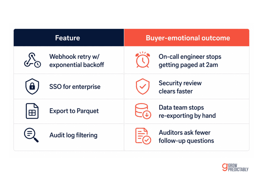 A Feature-to-Feeling Mapping table showing four technical SaaS features on the left and their translated buyer-emotional outcomes on the right.
