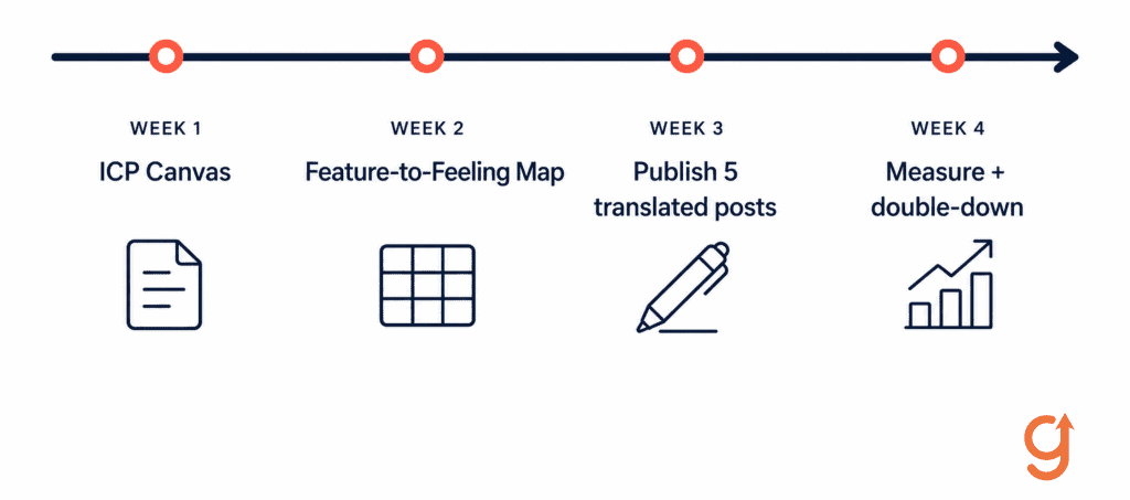 A 30-day Translation Layer rollout timeline split into four weekly segments: ICP Canvas, Feature-to-Feeling Map, publish five translated posts, measure and double-down.
