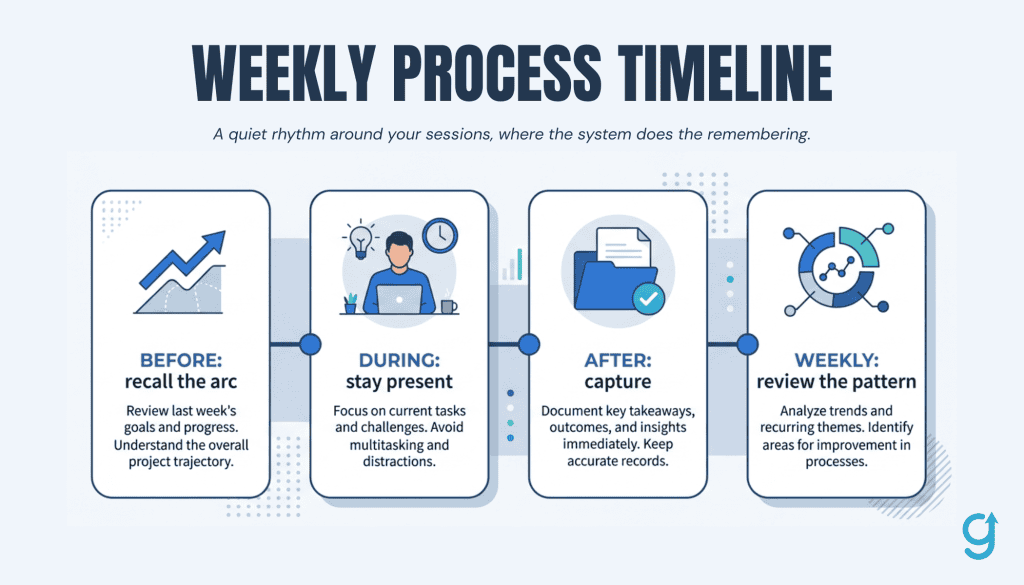 A coaching week rhythm of before-session recall, in-session presence, post-session capture, and weekly pattern review